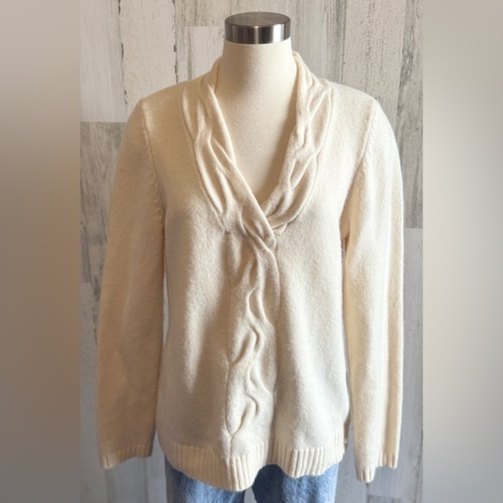 Merino Wool Cashmere Angora Cable Knit Sweater Cream Size L Cozy - Picture 6 of 6